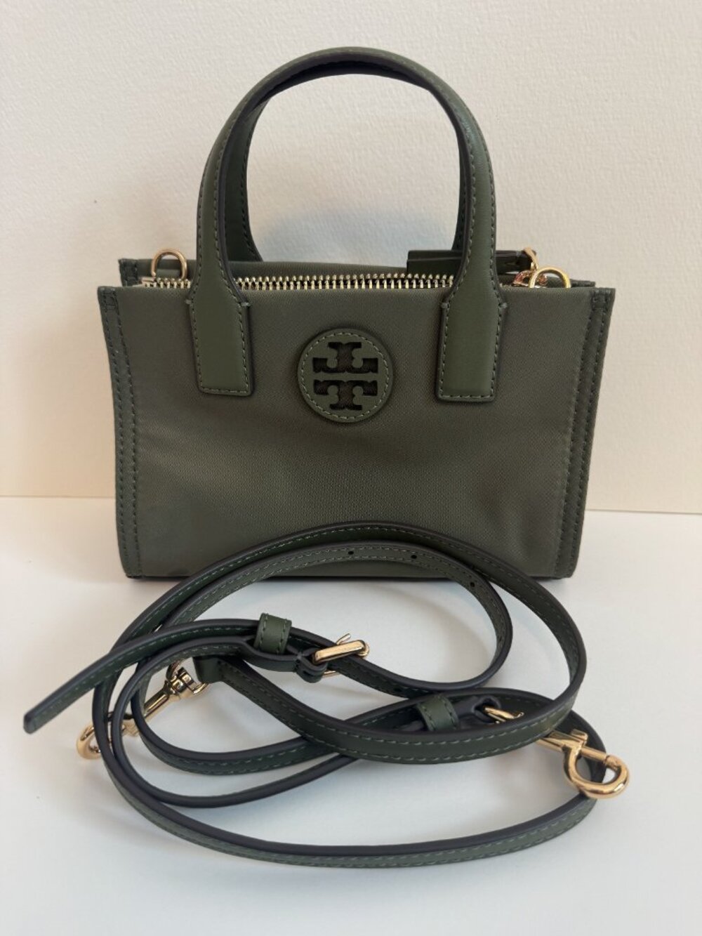 NEW Tory Burch Ella Nylon Mini Baby Tote Purse Crossbody Strap Olive Palm Green
